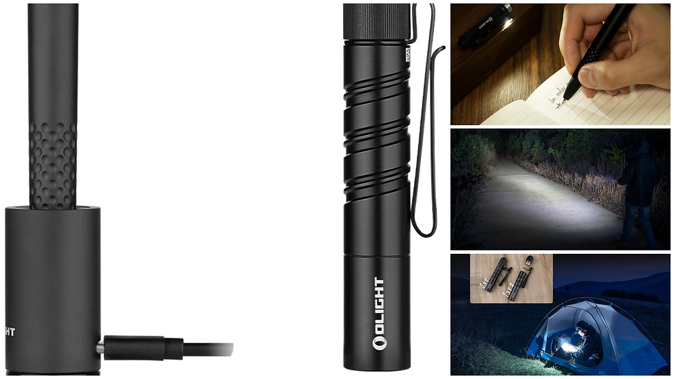Linterna Olight negra cargándose. Una persona escribe con ella, iluminando un camino de noche, dentro de una tienda de campaña. De noche, al aire libre, con el texto "Olight".