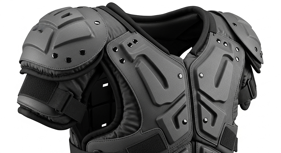 Black and gray padded tactical vest with riveted plates and adjustable straps against a plain white background.