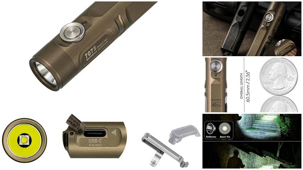 Linterna color canela con texto "7075 Aerospace Aluminum", puerto USB-C y extras. Comparada con una linterna de 25 centavos, ilumina los escalones con detalles del patrón del haz.