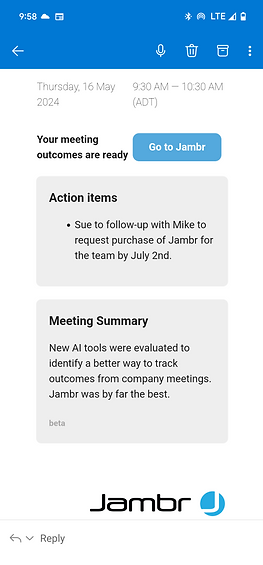 Jambr Action Items and Meeting Summary Email