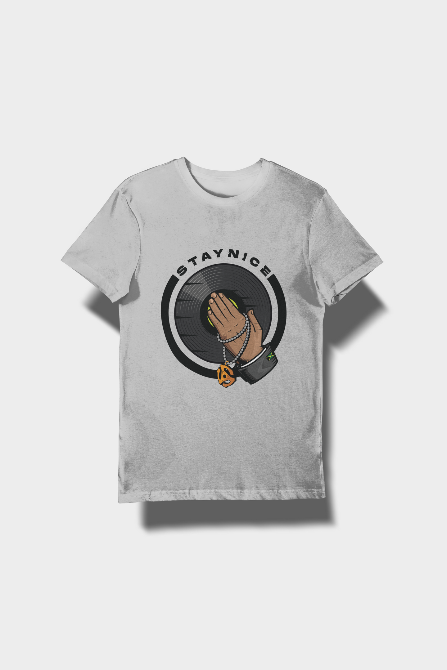 Portrait Mockup of Black Distressed T-Shirt Floating in Solid Background 2