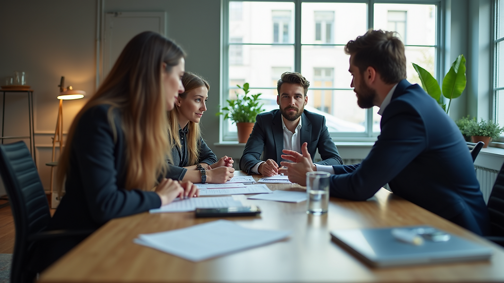 Eye-level view of a marketing team discussing strategy around a table