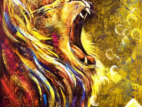 A roaring Lion of Judah lifting its voice toward the heavens, painted in radiant golden colors, symbolizing a powerful declaration released to the world.