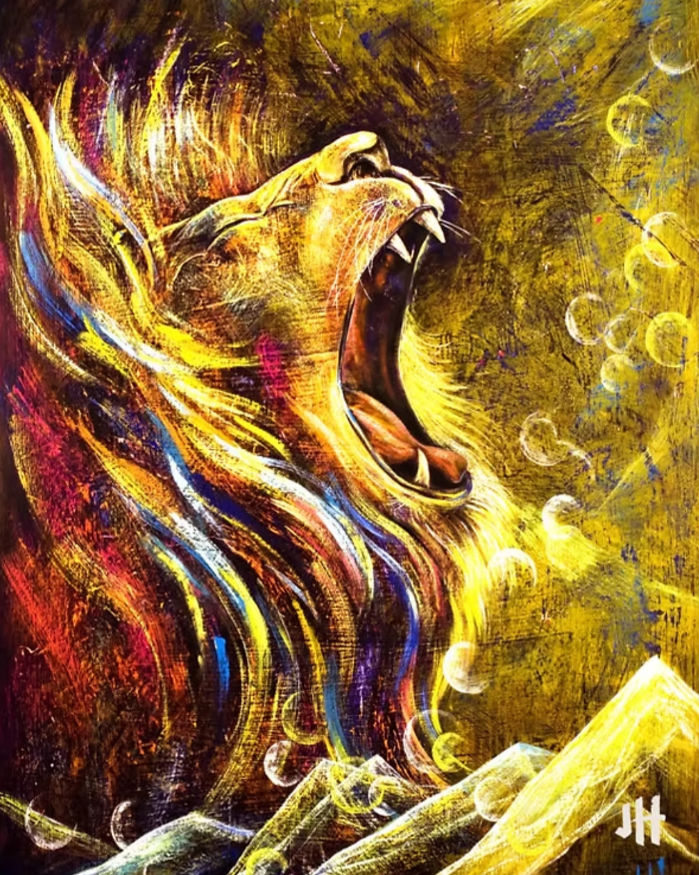 A roaring Lion of Judah lifting its voice toward the heavens, painted in radiant golden colors, symbolizing a powerful declaration released to the world.