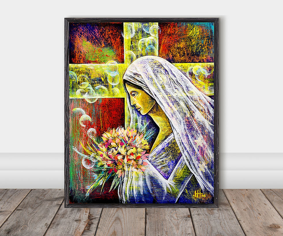 섬네일: Bride's Song Prophetic Art in a modern black frame leaning on a light wood floor, offering an inspiring spiritual decor opt