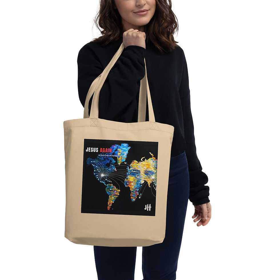 Miniature : Front view of a female model holding the natural beige Jesus Again eco tote bag