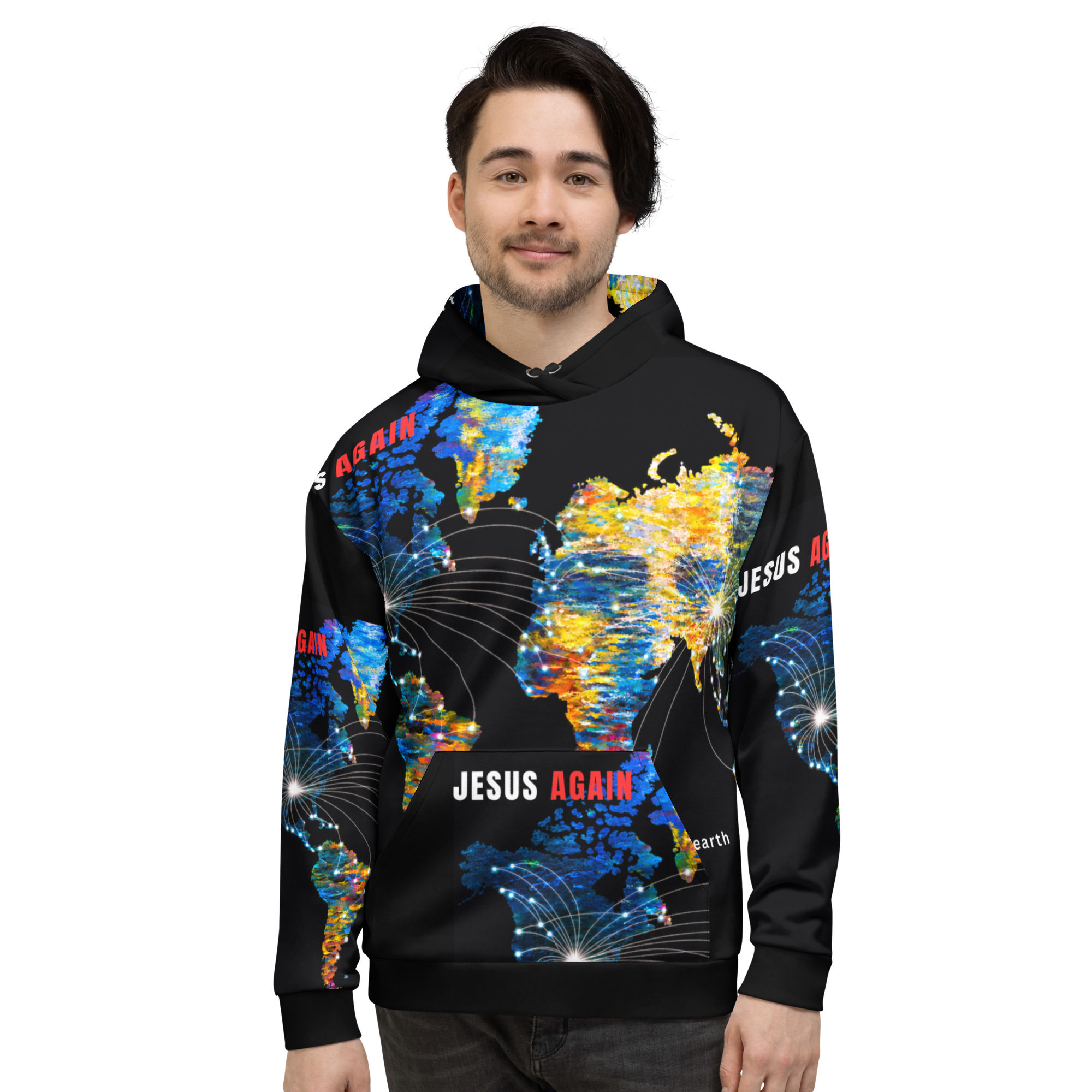 Front view of a male model wearing the Jesus Again all-over print unisex hoodie featuring original artwork by Janet Hyun