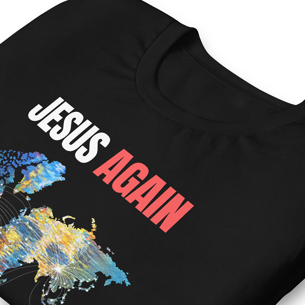 섬네일: Close-up of the Jesus Again chest print, lettering, and neckline construction