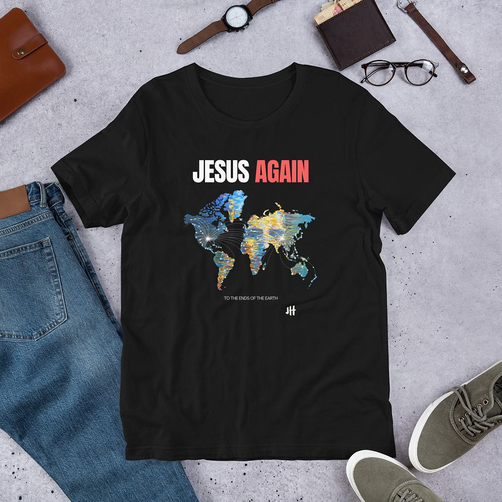 Thumbnail: Flat lay product shot of the black Jesus Again t-shirt styled with accessories and denim