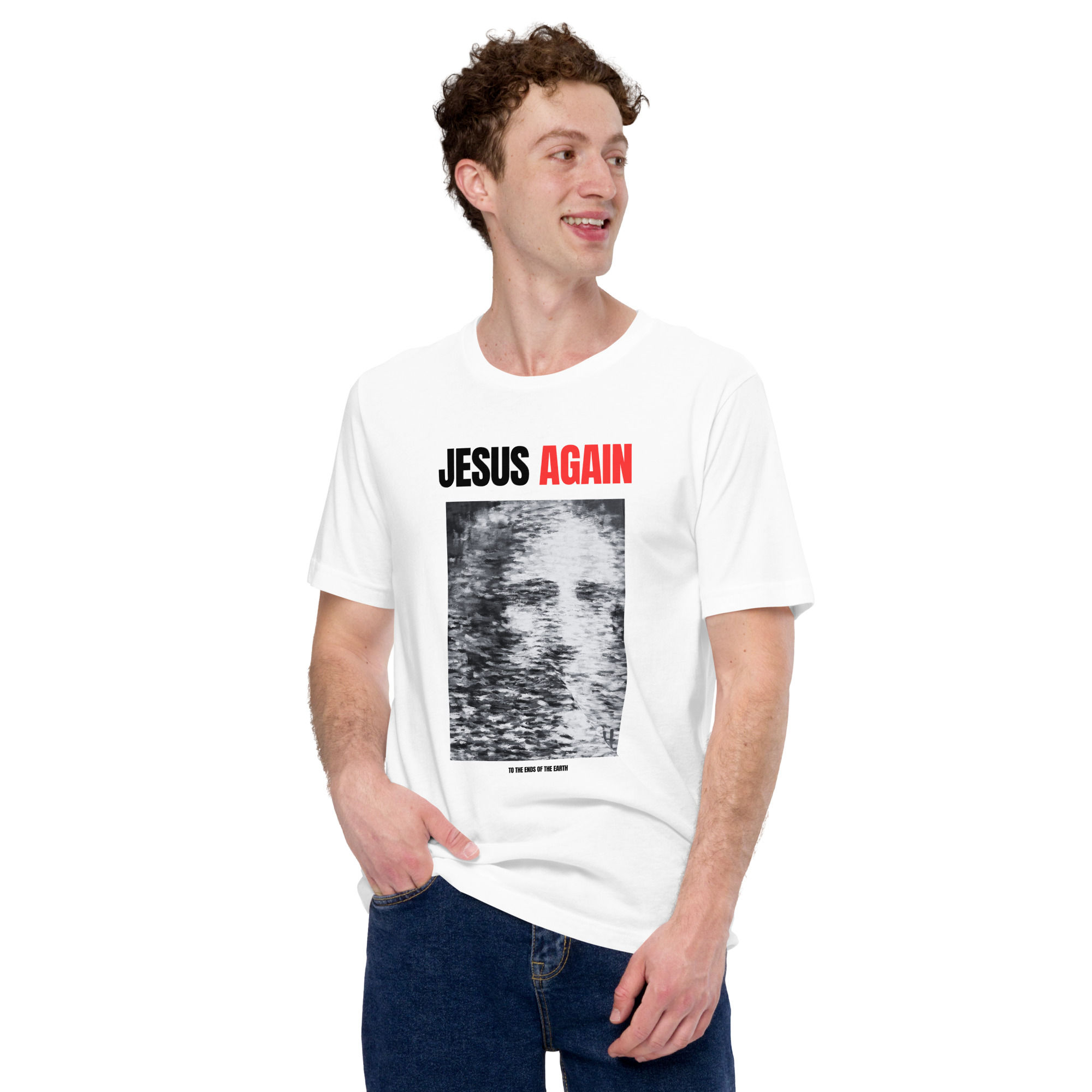 Front view of a man wearing the white Jesus Again t-shirt with original artwork by Janet Hyun