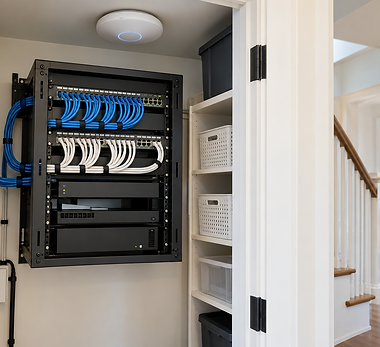 Network rack with neatly organized cabling and equipment for reliable building Wi-Fi and system connectivity.