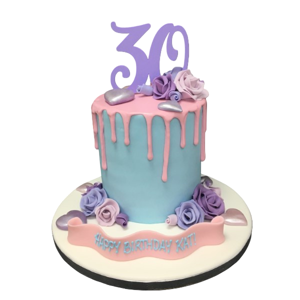 Bespoke drip cake adorned with pink roses and gold accents, perfect for celebration in Solihull, West Midlands.