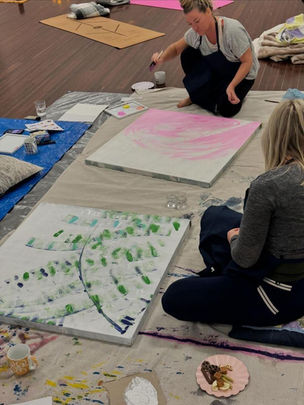 Image shows adults painting using Really Big Canvases. Bundabubs Adult art classes are in Perth.