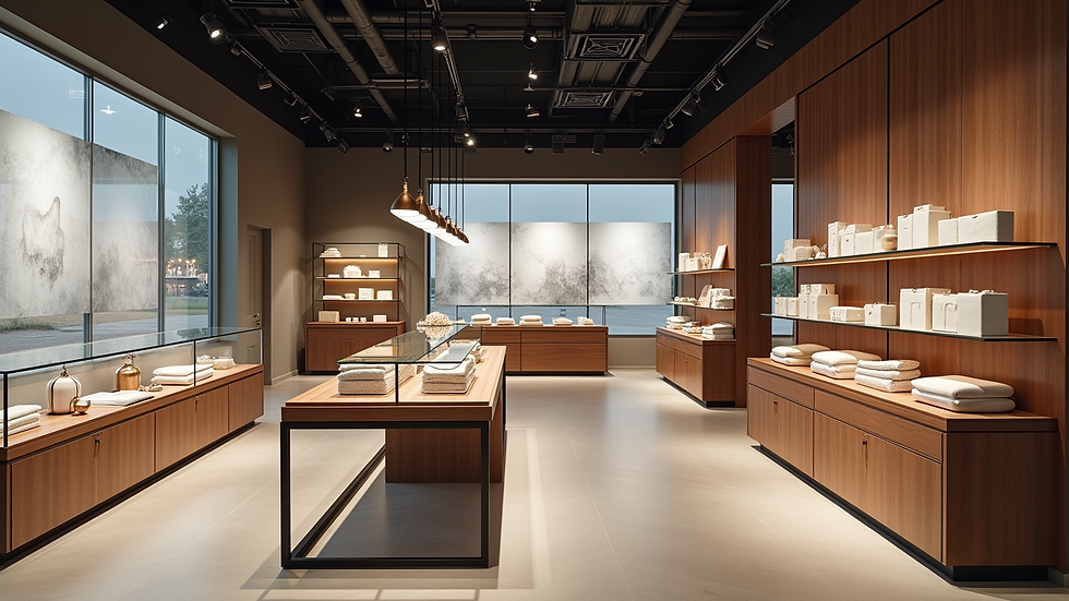 Wide angle view of a modern retail store showcasing various products