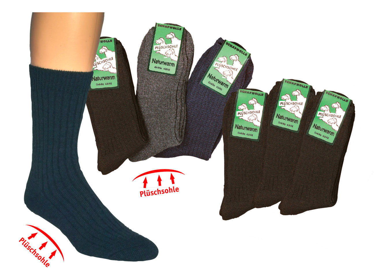Plüschsohle-Socken, mit Wolle * 3er-Bündel