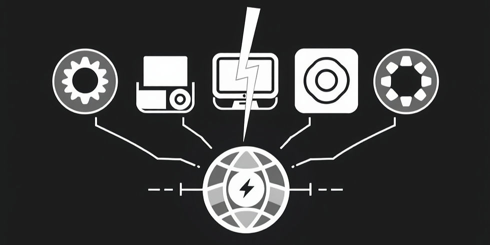 Icons connected by lines to a central globe with a lightning bolt. Black background, representing technological connectivity.