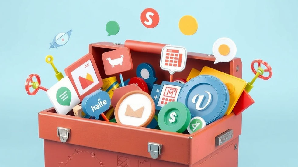 A red toolbox overflows with colorful social media icons and symbols on a light blue background, conveying creativity and digital activity.