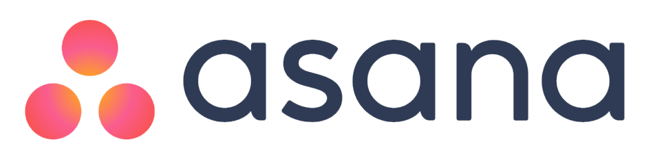 Asana logo with three pink and orange gradient dots on the left and "asana" in dark blue lowercase on a transparent background.