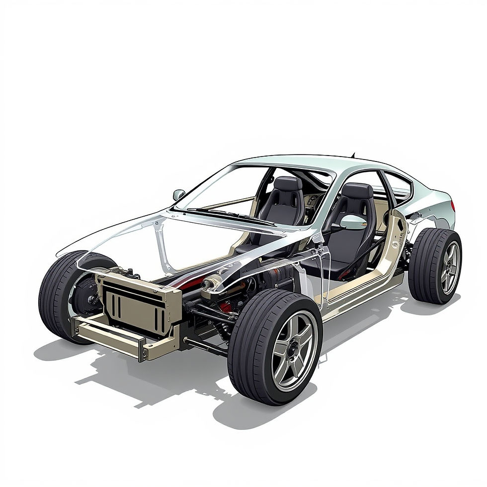 Transparent car model showing interior and mechanical parts, highlighting structure and design. No background details visible.