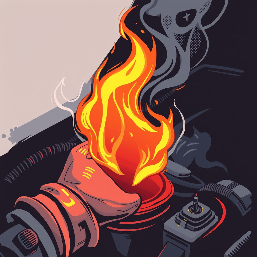 A stylized illustration of a fiery explosion from a futuristic device. Bright flames contrast with a dark background, creating a dramatic scene.