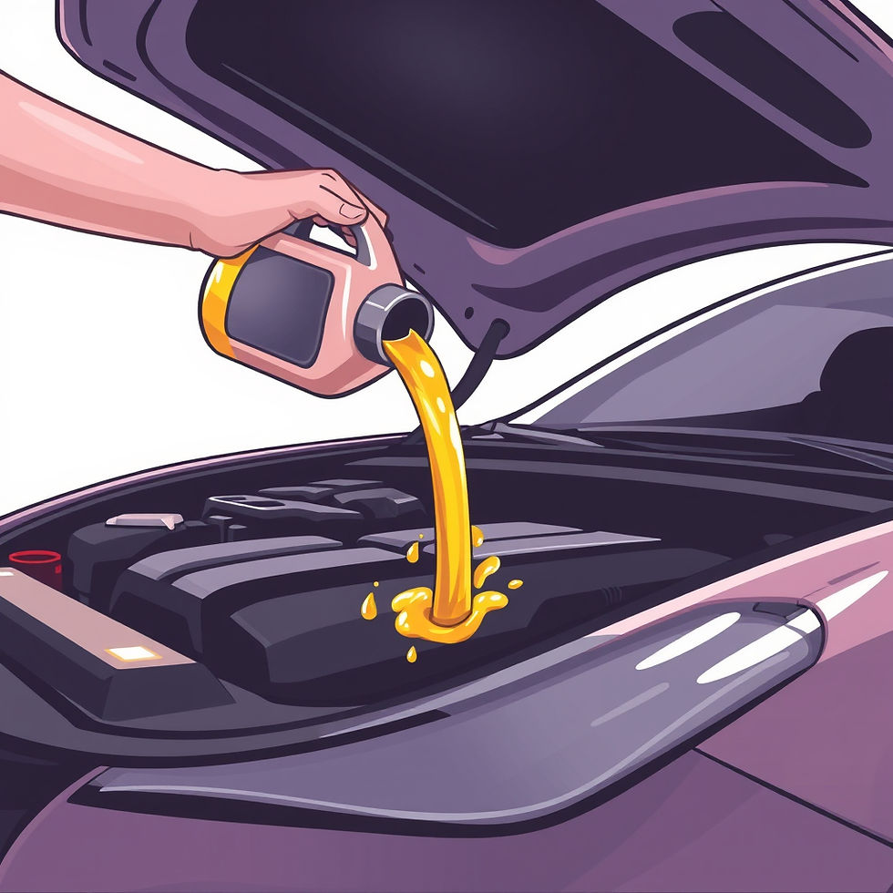 Hand pours yellow oil into a car engine under an open hood. The car is purple, and the engine area is detailed.