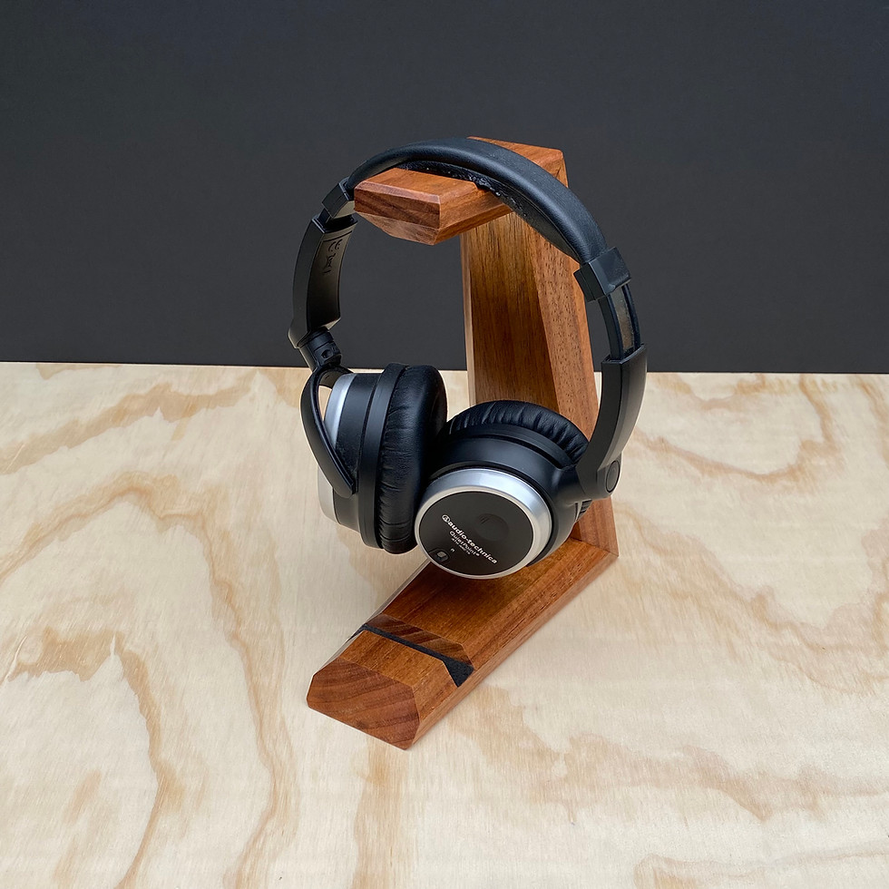 Thumbnail: Headphone stand in blackwood timber with headphones on rest