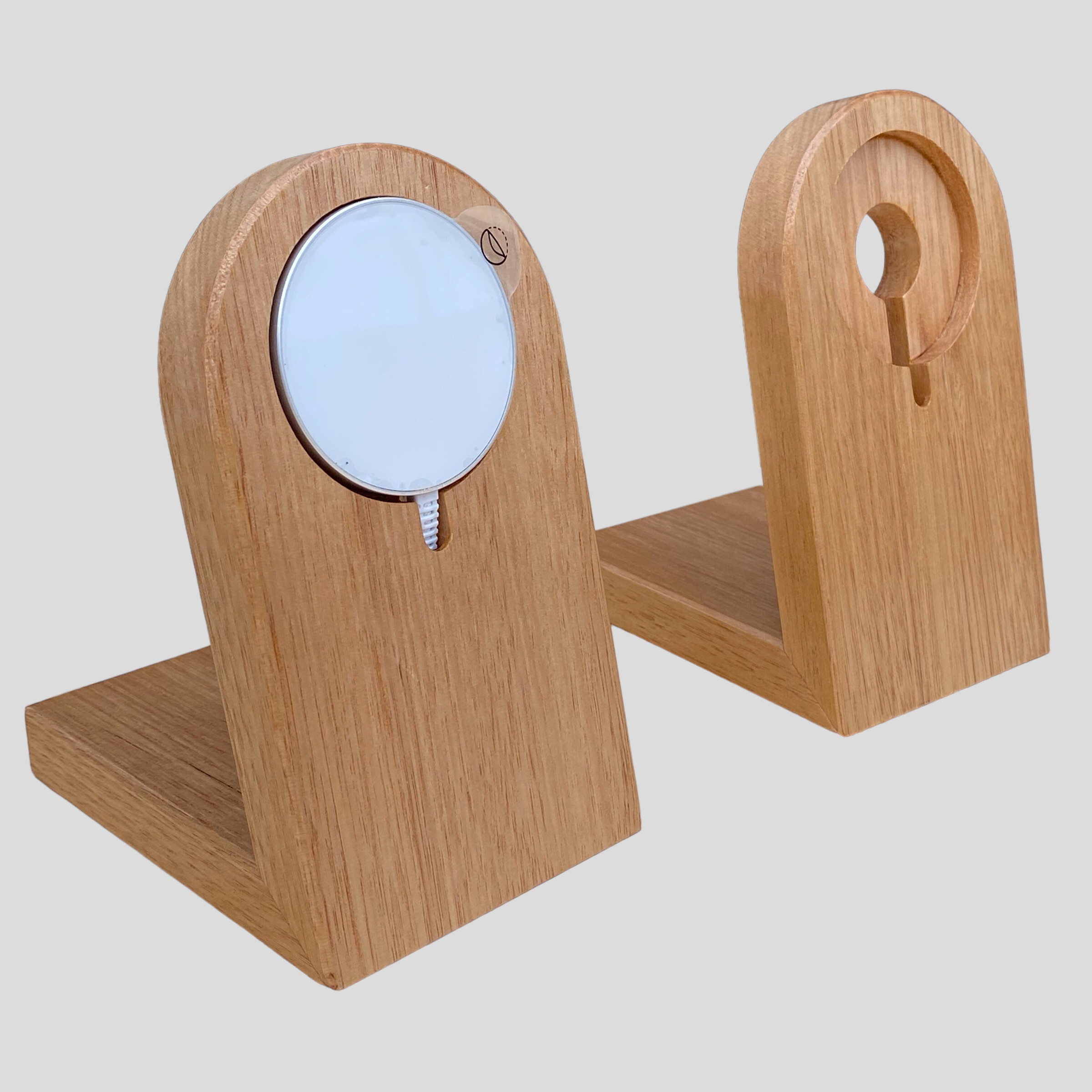 Timber phone charging stand, with and without charger in place
