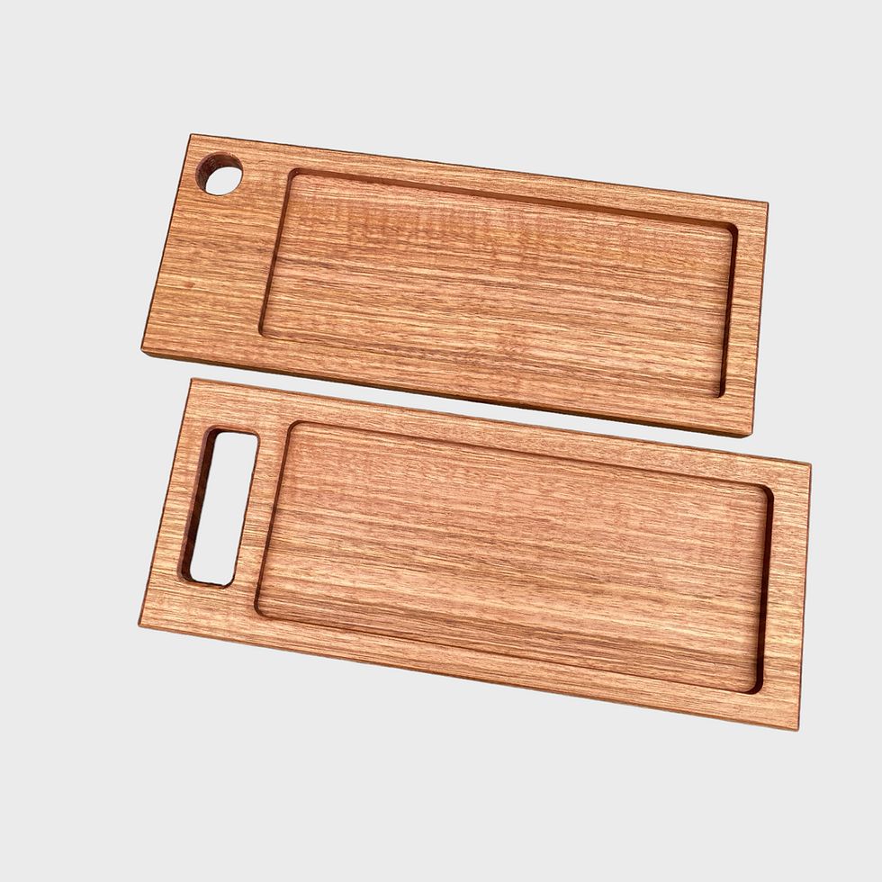 Thumbnail: DUO Charcuterie Board Set Small Offset - hardwood boards, one with round handle, one with rectangle handle