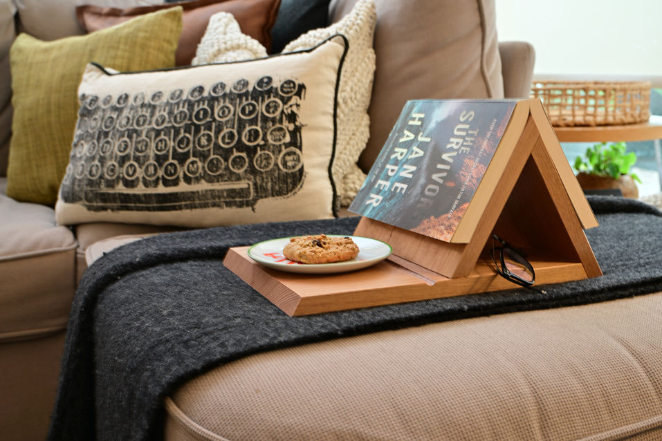 Reading nook valet book stand - book, glasses, and snack ready to go. 