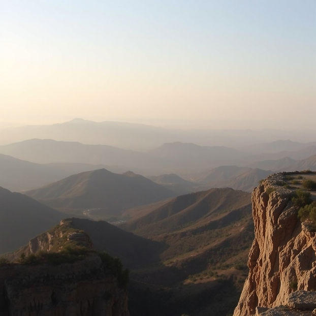 Wide, elevated landscape viewed from a unique vantage point, soft natural light, subtle de