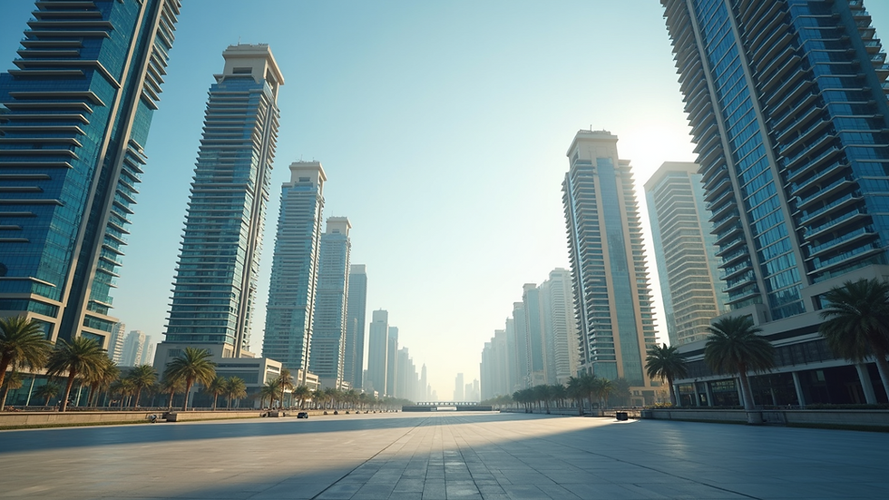 Eye-level view of modern Dubai skyline with high-rise buildings