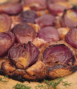 This upside-down vegan onion pie has serious showstopper energy — but secretly, it’s super down to earth. Its rustic and elegant all at once! Slowly caramelized onions melt into a buttery, herb-scented glaze, with golden garlic tucked between their layers — all nestled beneath a tender, creamy dough that turns beautifully crisp in the oven. Once baked and flipped, the result is pure magic: soft, jammy onions on top, flaky crust underneath, and pockets of plant-based ricotta and parmesan peeking through for extra richness. It's the kind of pie that brings everyone to the table — no one asking if it's vegan, just going back for seconds.