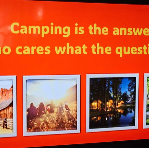 a clever sign about camping with an orange background and 4 camping-related photos.