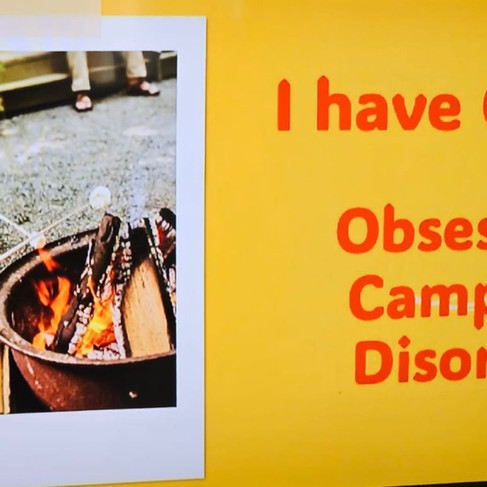 a clever sign about camping with a yellow background and a camping-related photo.