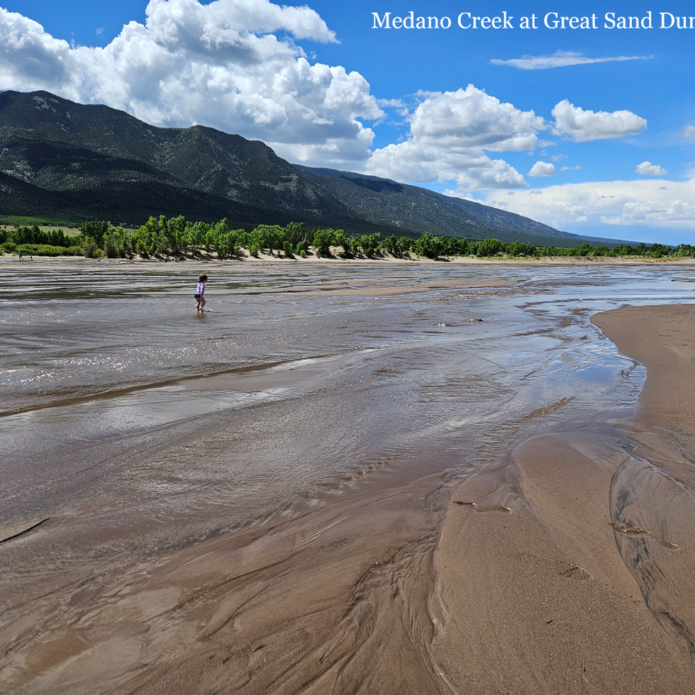 the shallow waters of Medano Creek running through the sand of the dunes surrounded by green mountains