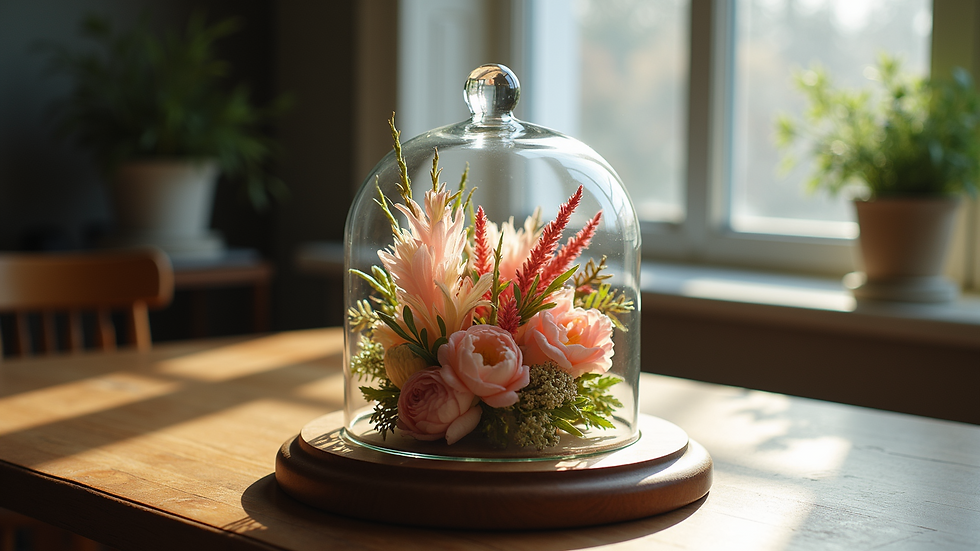 Eye-level view of a preserved flower arrangement in a glass dome