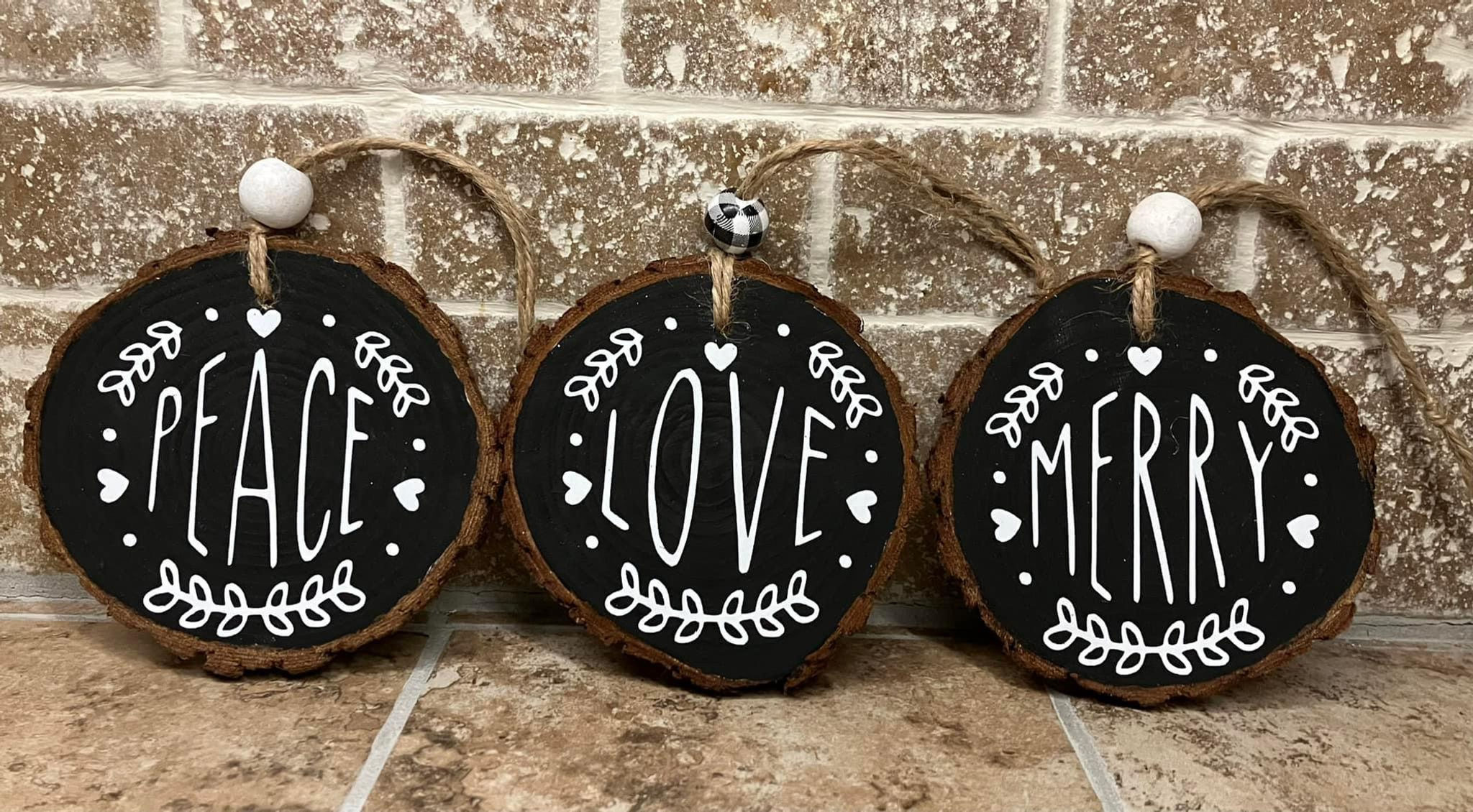 "Peace", "Love", "Merry" Woodchip Ornament