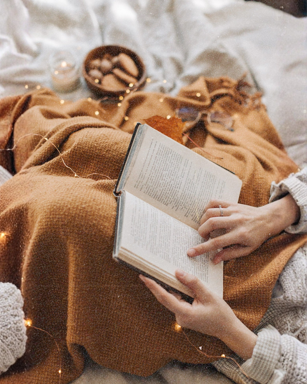 Venus in Gemini. Hands holding an open book on a cozy orange blanket. Warm lighting, biscuits, and a drink in the background create a calm, hygge atmosphere.
