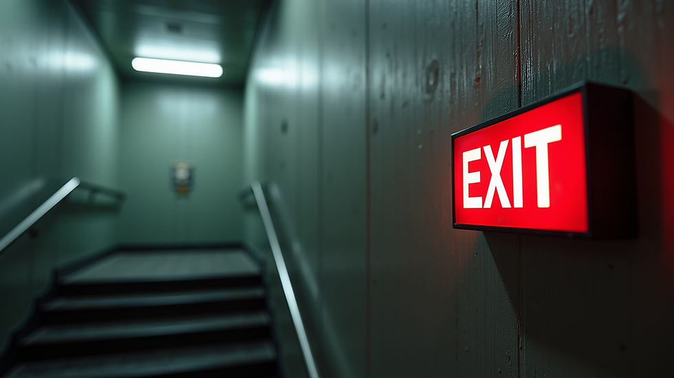 Eye-level view of exit signage in a stairwell