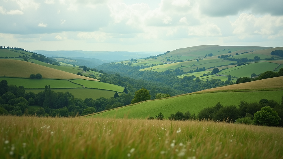 Erhöhte Ansicht einer malerischen britischen Landschaft mit sanften Hügeln