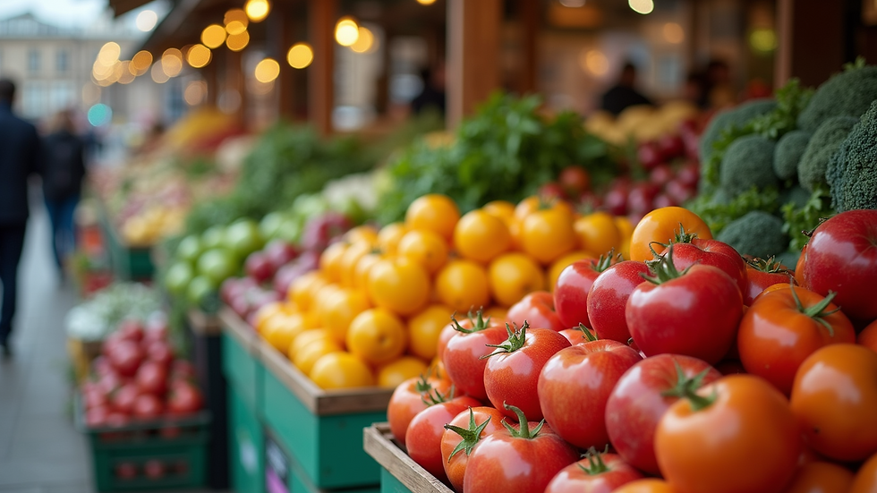 Blick auf einen lebhaften Marktstand mit frischen Produkten auf Augenhöhe