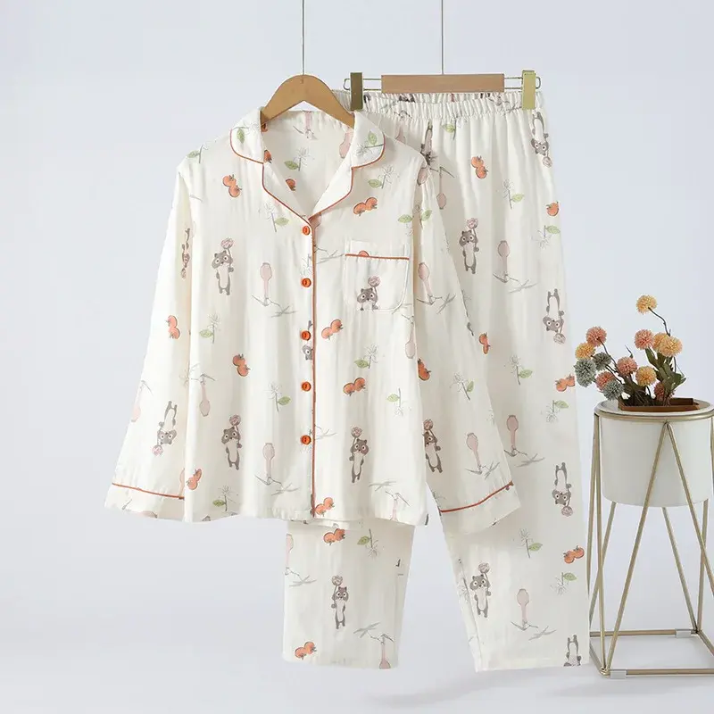 Thumbnail: 2024 Ladies Pajamas Set 100% Gauze Cotton Cartoon Rose Printed