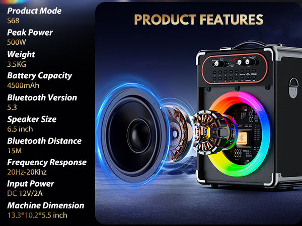 Thumbnail: S68 Kara Ok with 2 Microphones, Portable Bluetooth 5.3 Kara Ok Speaker, Suitable