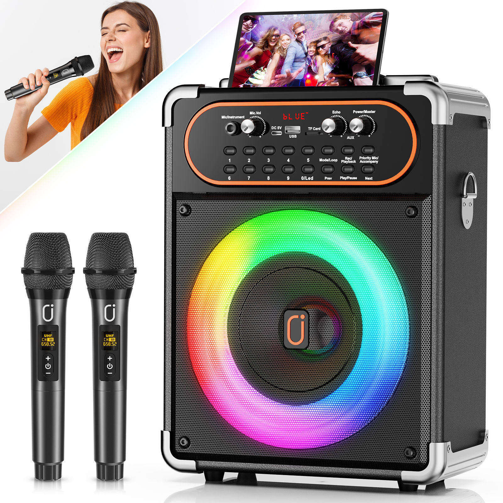 S68 Kara Ok with 2 Microphones, Portable Bluetooth 5.3 Kara Ok Speaker, Suitable