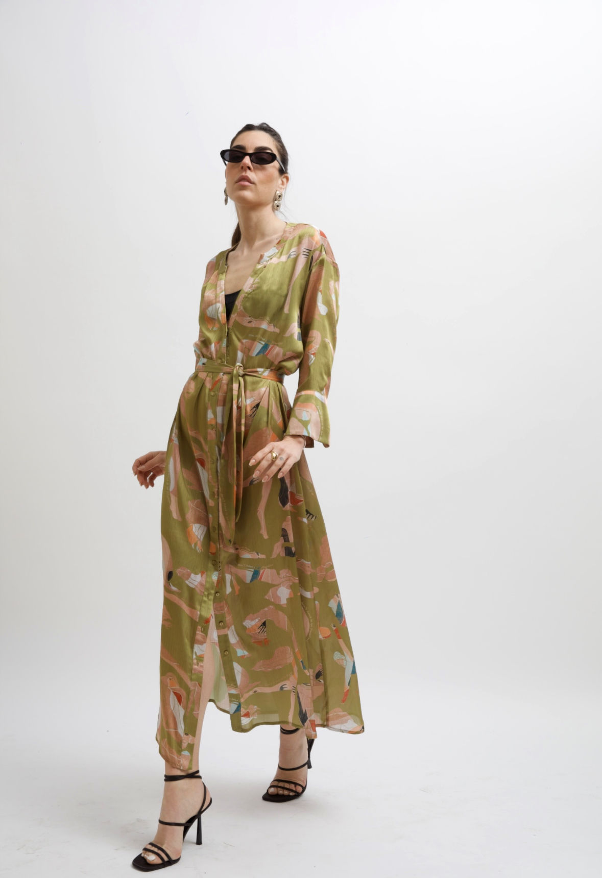 ARIA SATIN MAXI DRESS PRINT FLOWGIRL OLIVE