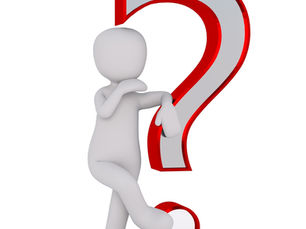 White cartoon figure leaning on a large question mark, symbolizing uncertainty about stepping into leadership.