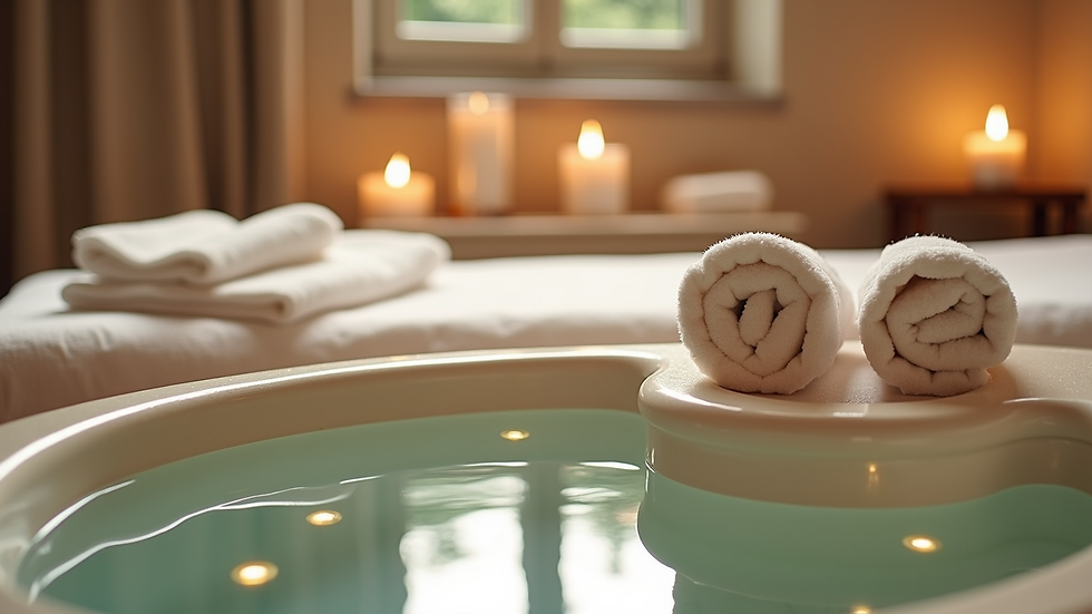 Eye-level view of a cozy spa setup with a foot bath and soft towels