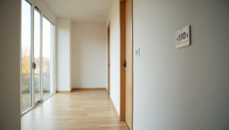Eye-level view of a newly built home's interior showing walls, windows, and flooring