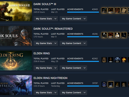 A screenshot showing 100% completion for Elden Ring, Dark Souls, and Nightreign.