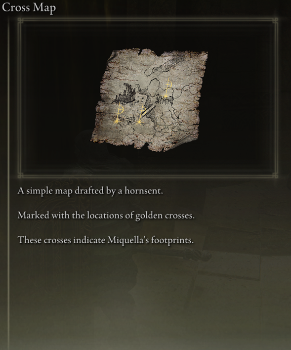 Figure 3: One of the pilgrimage maps produced by Hornsent to direct the player to more of Miquella's crosses. Screenshot by author